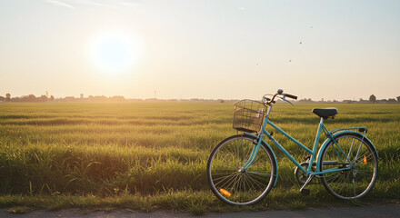 a scenic bicycle ride in a vast green field, with the sun setting. A bicycle sits alongside a grassy field during a beautiful sunset