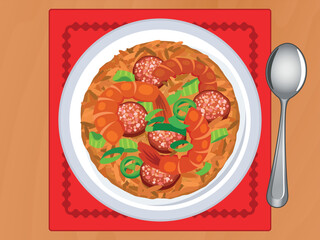 Jambalaya savory rice dish with shrimp and sausage top view vector illustration. Jambalaya one-pot dish with rice, meat and vegetables on a wooden table above view vector. Jambalaya on the table