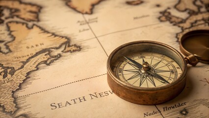 Vintage Compass on Map: A timeless, antique compass rests atop a detailed, aged world map, inviting viewers to imagine exploration and adventure, a symbol of direction.