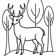 Deer in forest clearing line art vector illustration 
