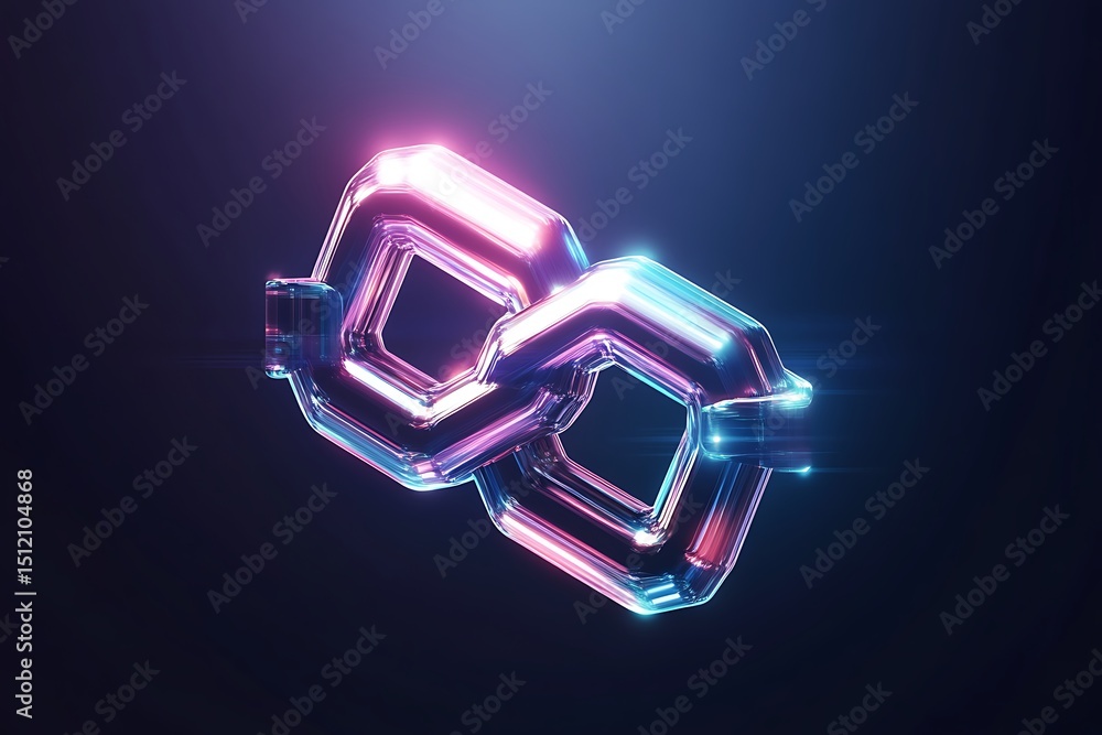 Poster 3d blockchain chain links icon in vector style, shining metallic effect with neon highlights and cle