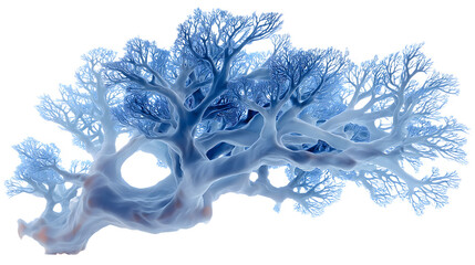 Abstract surreal blue tree artwork featuring intricate branches and a hole on a  isolated on white transparent background PNG cutout