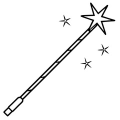 Magic wand and sparkle line art vector illustration 