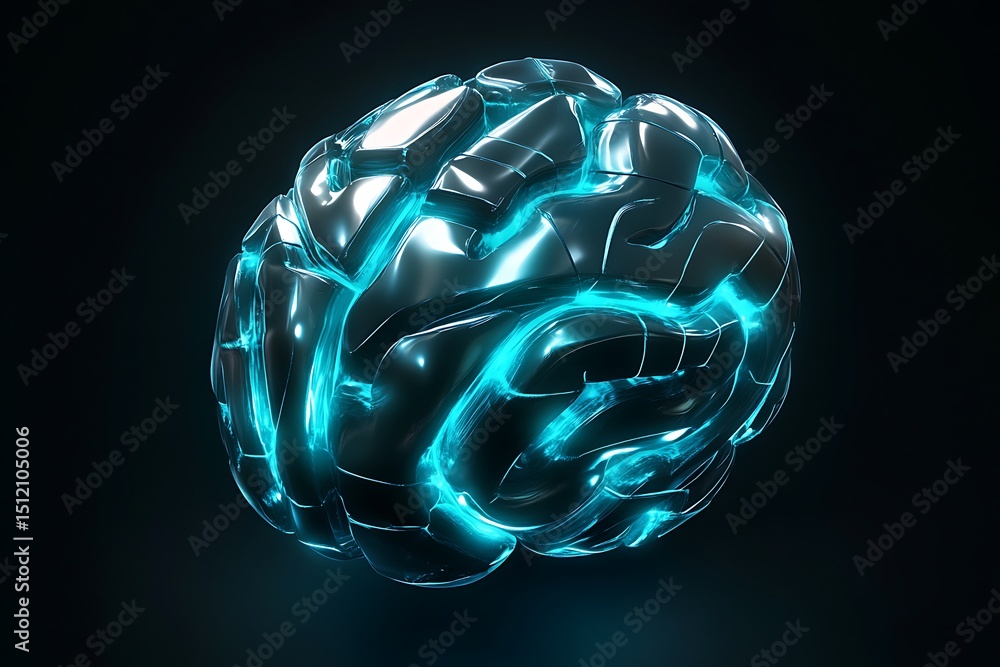 Poster 3d artificial intelligence brain icon, futuristic vector art with glowing tech lines and metallic te