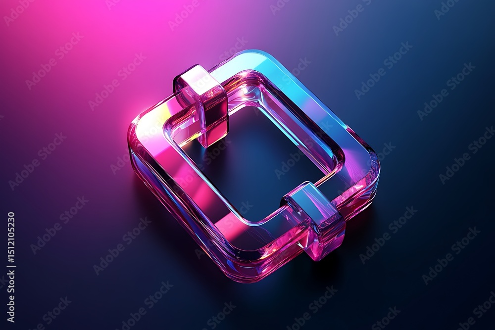 Poster 3d blockchain chain links icon in vector style, shining metallic effect with neon highlights and cle