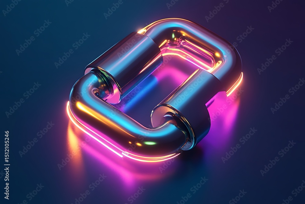 Poster 3d blockchain chain links icon in vector style, shining metallic effect with neon highlights and cle