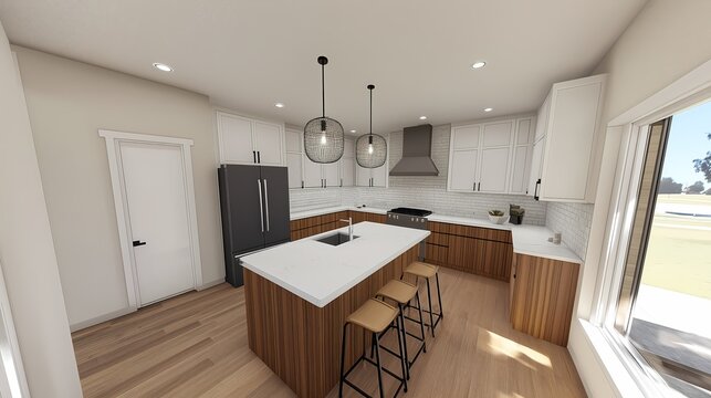 Contemporary kitchen, sleek cabinets, minimalist countertops, pendant lighting, open layout