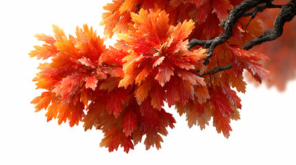 Beautiful autumnal oak leaves branch in shades of orange and red colors against  isolated on white transparent background PNG cutout