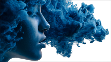 Beautiful woman's face emerging with blue ink clouds against a conceptual artistic photography isolated on white transparent background PNG cutout