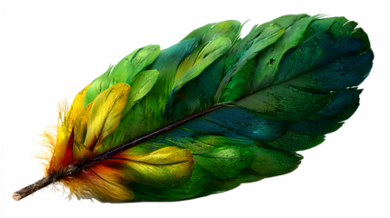 Close up artistic depiction of a colorful parrot feather against bright blue isolated on white transparent background PNG cutout