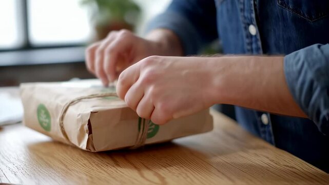 Hands carefully tying a brown paper package with twine on a wooden table indoors