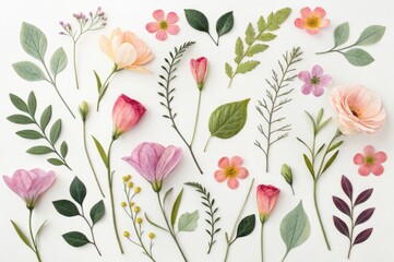 Flat lay of watercolor painted petals stems and leaves A collection of hand-drawn flowers and leaves in various colors and styles.