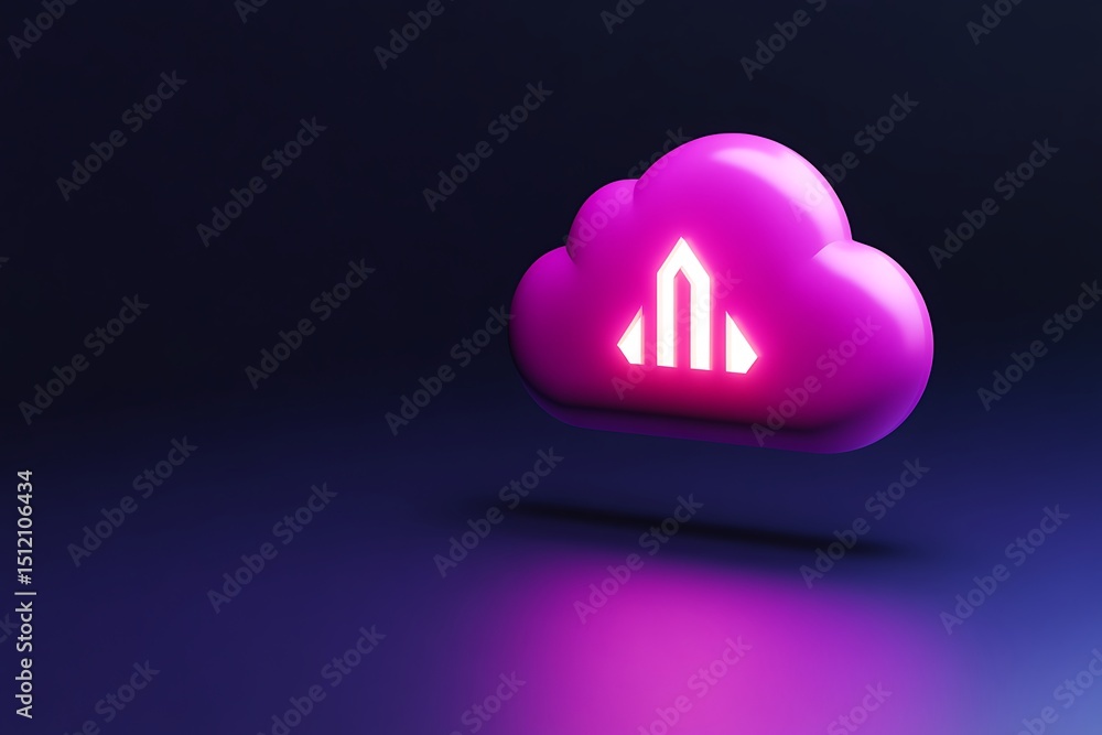 Poster 3d data cloud upload icon in smooth vector art style, soft lighting and futuristic digital environme