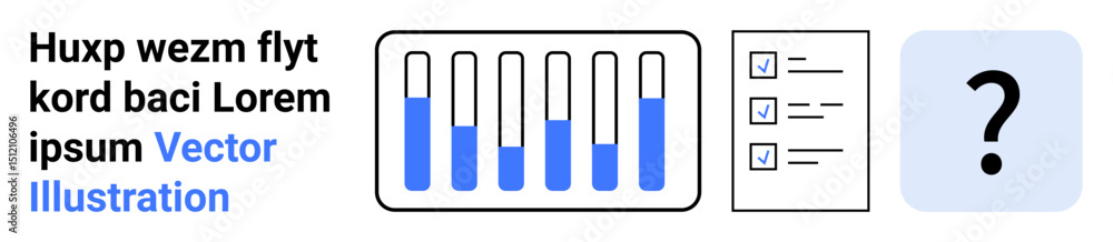 Poster vertical bar graph with varying blue heights, checklist with marked and unmarked options, and a ques