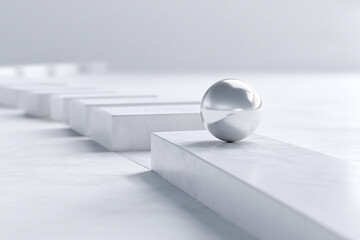 Silver sphere rests on a white marble platform, minimalist design showcasing balance and stability, ideal for corporate or product display
