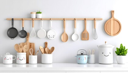 Cheerful kitchen utensils hang neatly on a wooden rail above a clean white countertop, creating a charming and inviting space perfect for cooking and baking.