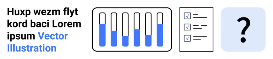 Vertical bar graph with varying blue heights, checklist with marked and unmarked options, and a question mark. Ideal for analytics, decision making, statistics, research, surveys, problem solving