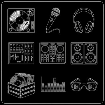 DJ music coloring book isolated icon set, black background,  mic, headphones, record player, karaoke, sunglasses, vinyl box, mixer, speakers