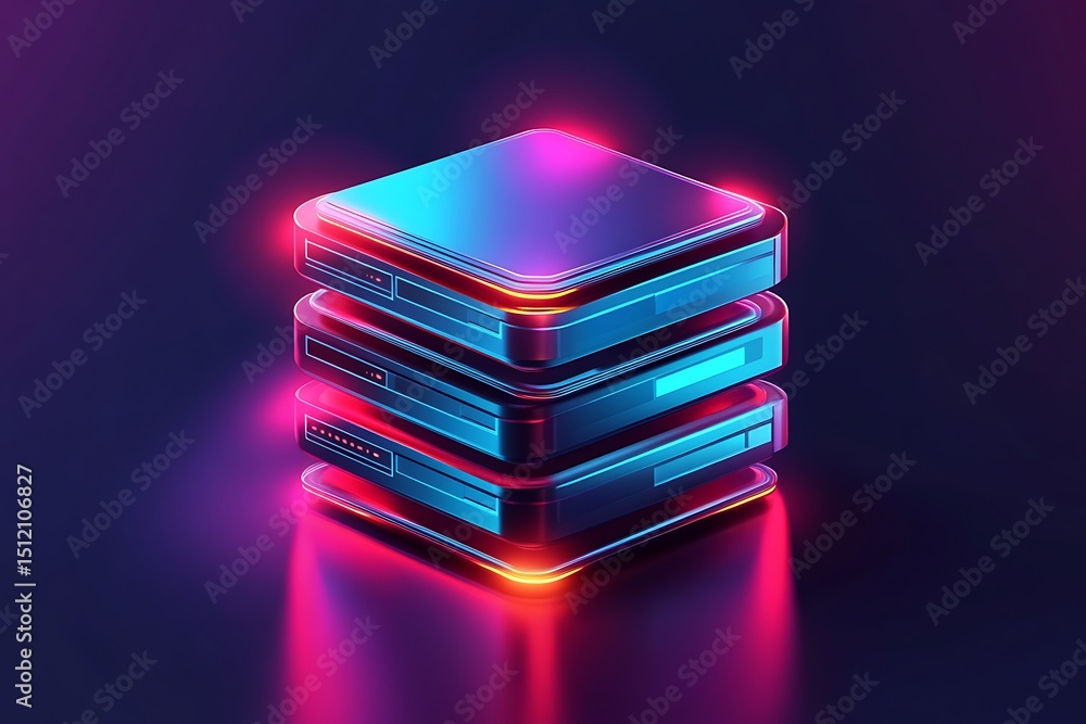 Poster 3d database server stack icon, shiny metallic vector style, neon glow and sleek tech-themed backgrou