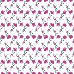 Seamless Pattern of Pink Flowers on White Background with Green Stems
