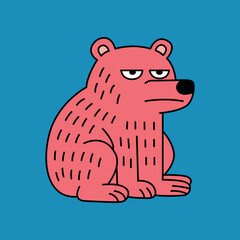 Grumpy Cartoon Bear Sitting on Blue Background – Funny Pink Animal Illustration with Displeased Expression, Hand-Drawn Style, Perfect for Kids Books, Stickers, Merchandise, and Web Graphics