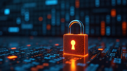 Glowing padlock over digital network security background