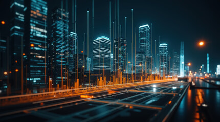 Futuristic cyber city with glowing data streams