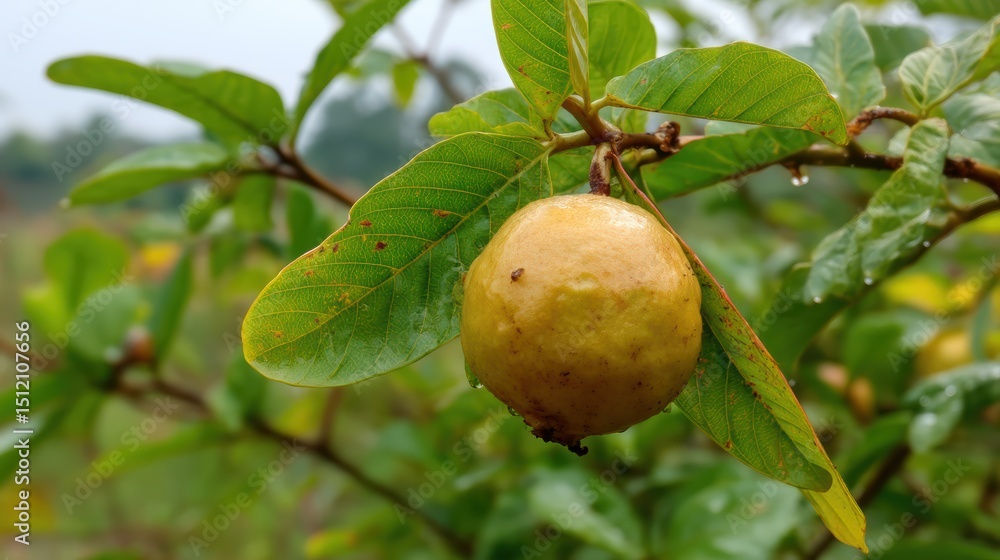 Poster a close up image of ripe guava fruit hanging from a branch displaying fresh green leaves in a natura