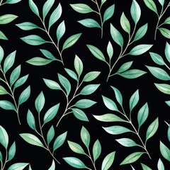 Seamless watercolor pattern with hand painted botanical leaves Botanical pattern featuring green leaves on a black background.