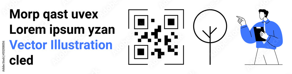 Aufkleber qr code alongside placeholder text, minimal tree design, and a man pointing with a clipboard. ideal 