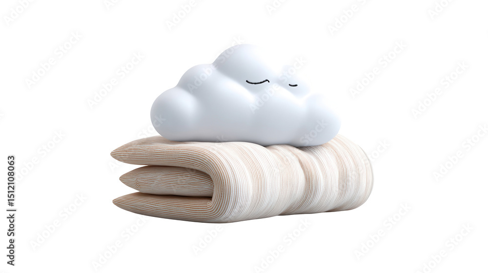 Poster cute sleeping cloud character is resting peacefully on a soft, folded blanket, creating a tranquil a