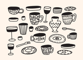 Various Coffee Cups, Plates, Wine Glasses, Vases, Spoon, Fork. Hand Drawn Black Line Doodle Set of Kitchen Utensils and Tableware. Isolated Vector Illustration Elements.