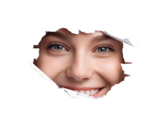 Bright smile emerging from torn paper showcasing joy and optimism, cut out transparent