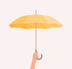 Human hand holding an open yellow umbrella. Flat vector illustration