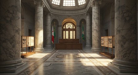 Fototapeta premium Grand hall with pillars, flags, and displays