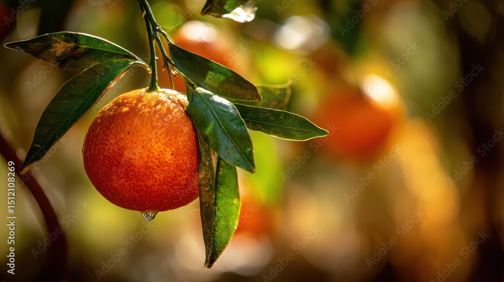 Poster close up view of a ripe tangerine hanging on a branch with green leaves and water droplet against a 
