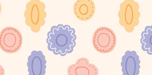 Seamless Pattern with Abstract Oval Shapes and Stitched Motifs. Hand Drawn Pastel Textile Elements. Repeat Background. Vector Illustration