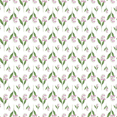 Seamless Pattern Of Spring Flowers With Green Leaves On White Background