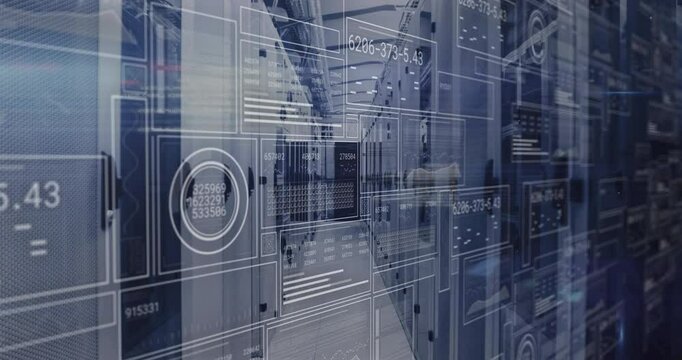 Digital interface fading into server aisle, codes updating, graphs animating, gauge performing scan