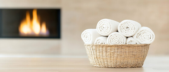 Fototapeta premium Rolled White Towels In Wicker Basket By Fireplace