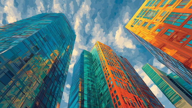 Low-angle view of stylized skyscrapers against a cloudy sky, showcasing vibrant teal, orange, and blue hues, representing urban dynamism and architectural design