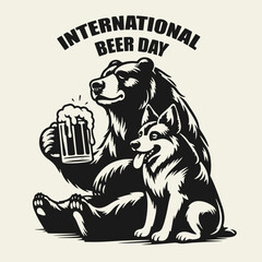 Black and white vintage vector illustration of a bear hugging a dog while holding a beer mug. Flat silhouette style, perfect for celebrating International Beer Day with humor and charm.
