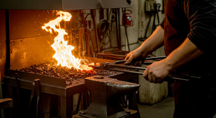 Blacksmith forging metal with flames in a workshop setting  