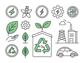 Eco & Sustainability Line Icon Set – Green Energy, Recycling, Environment & Climate