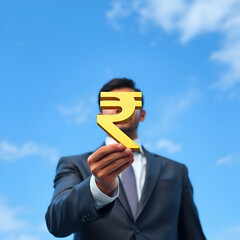 Businessman showing a golden Indian rupee symbol on sky blue background, business, finance and investment image