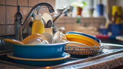 A Stack of Dirty Dishes in a Kitchen Sink, Needing to be Washed