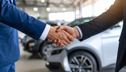 Handshake of cooperation between customer and salesman with car dealership showroom background after successful car loan agreement

