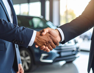 Handshake of cooperation between customer and salesman with car dealership showroom background after successful car loan agreement

