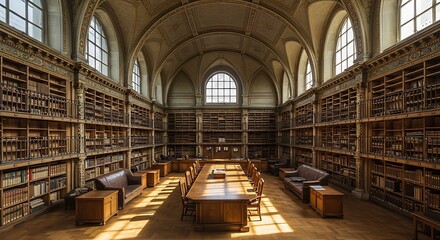 Grand library interior, high ceilings, bookshelves
