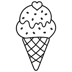Playful Ice Cream Cone with Overflowing Heart Sprinkles, Line Art Style